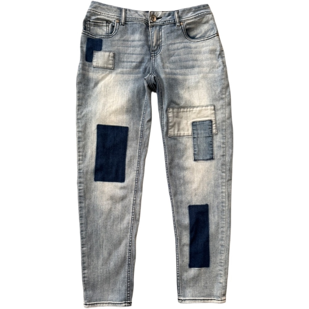 Women's Light Blue “Modern” Patchwork Jeans Waist 32” Length 27”